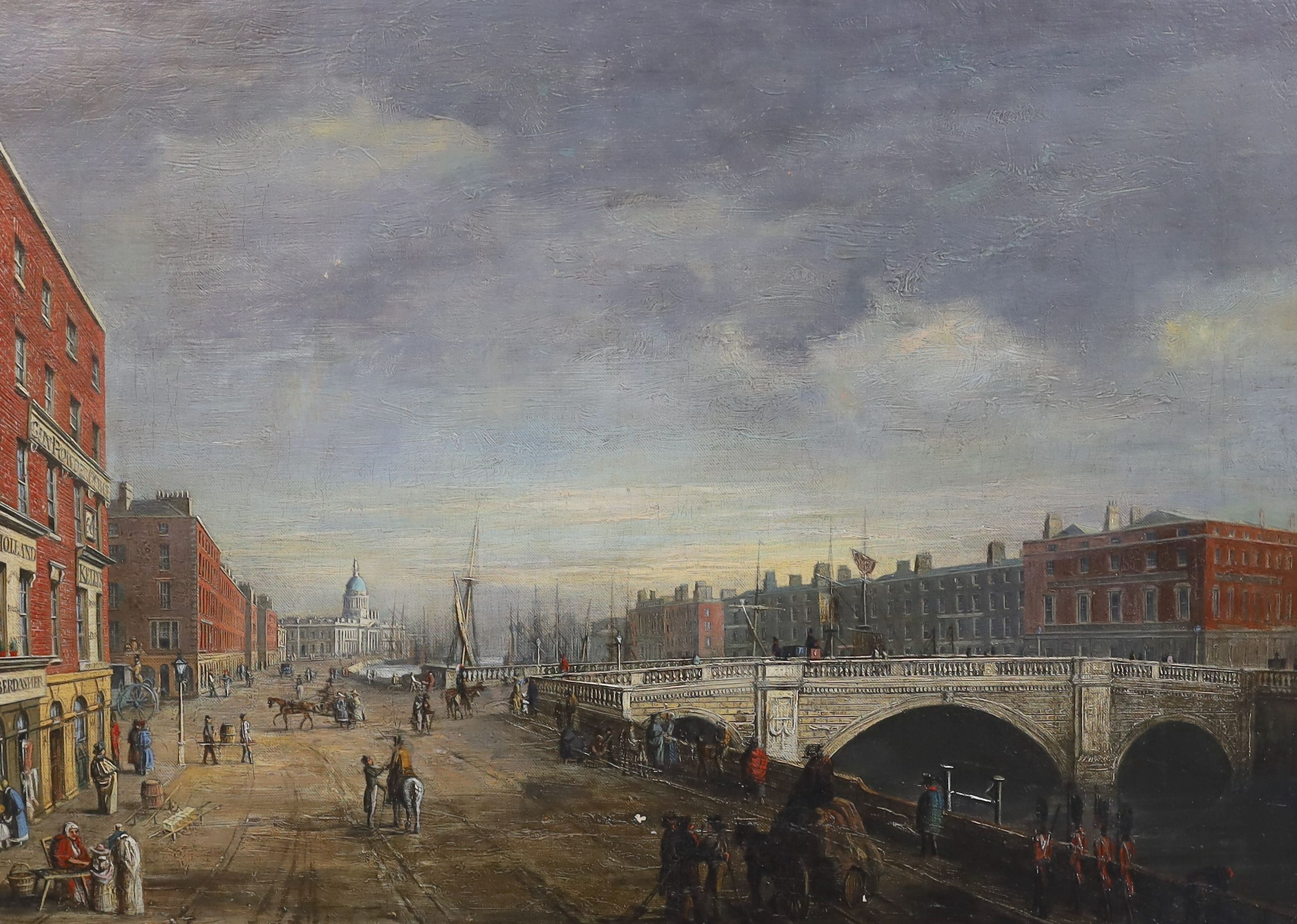 Early 19th century Irish School, View of Carlisle Bridge and Sackville Street, Dublin, oil on canvas, 40 x 55cm